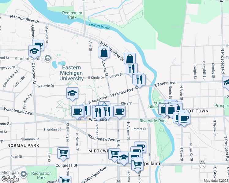 map of restaurants, bars, coffee shops, grocery stores, and more near 404 West Forest Avenue in Ypsilanti