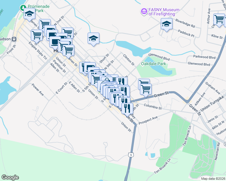 map of restaurants, bars, coffee shops, grocery stores, and more near New York 23B in Hudson