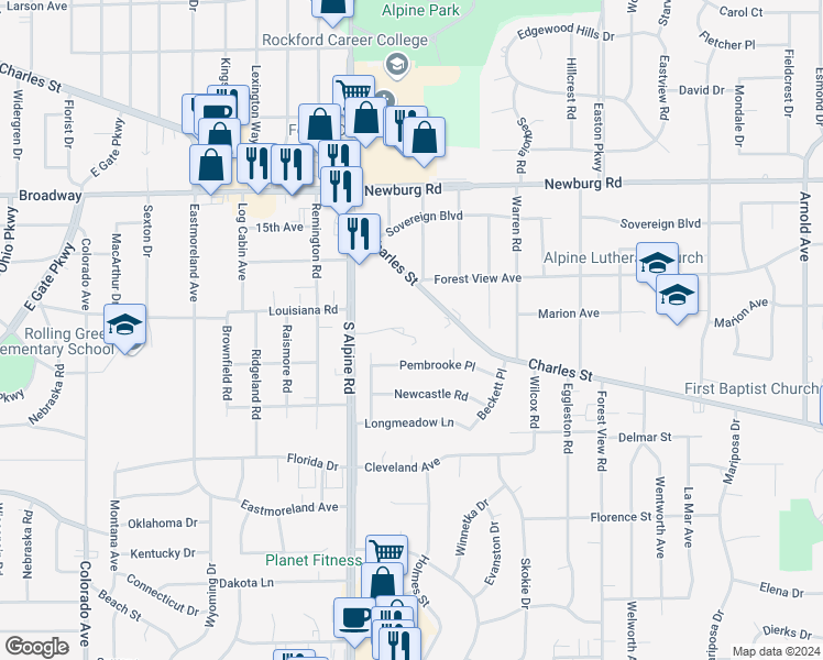 map of restaurants, bars, coffee shops, grocery stores, and more near 4568 Apple Orchard Lane in Rockford