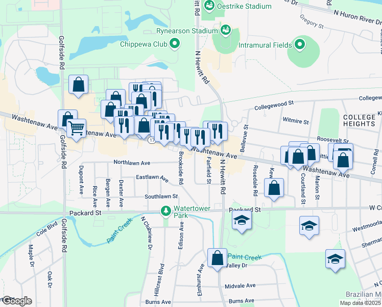 map of restaurants, bars, coffee shops, grocery stores, and more near 2407 Michigan 17 in Ypsilanti