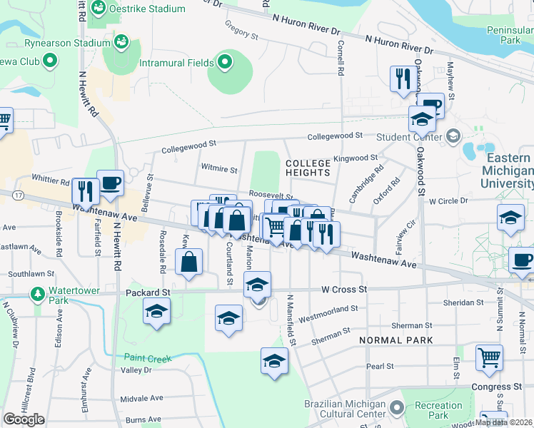 map of restaurants, bars, coffee shops, grocery stores, and more near 1620 Whittier Road in Ypsilanti