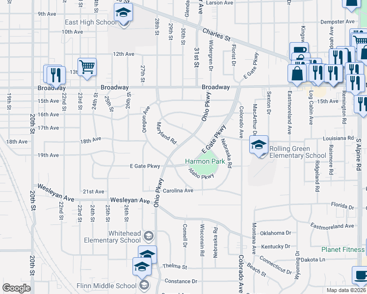 map of restaurants, bars, coffee shops, grocery stores, and more near 1819 Ohio Parkway in Rockford