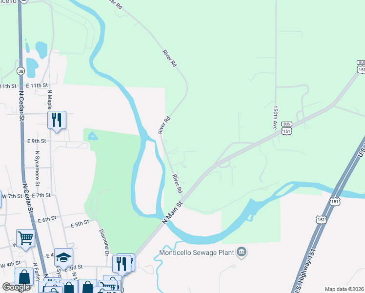 map of restaurants, bars, coffee shops, grocery stores, and more near 21656 River Road in Monticello