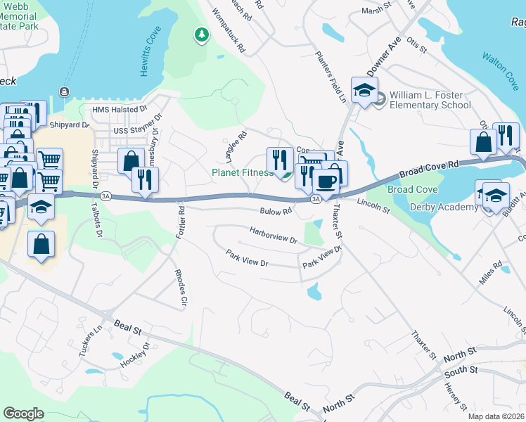 map of restaurants, bars, coffee shops, grocery stores, and more near 9 Bulow Road in Hingham