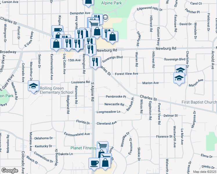 map of restaurants, bars, coffee shops, grocery stores, and more near 4562 Apple Orchard Lane in Rockford