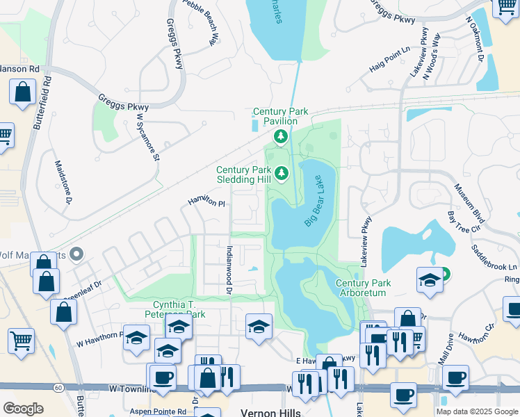 map of restaurants, bars, coffee shops, grocery stores, and more near 2 Parkside Court in Vernon Hills