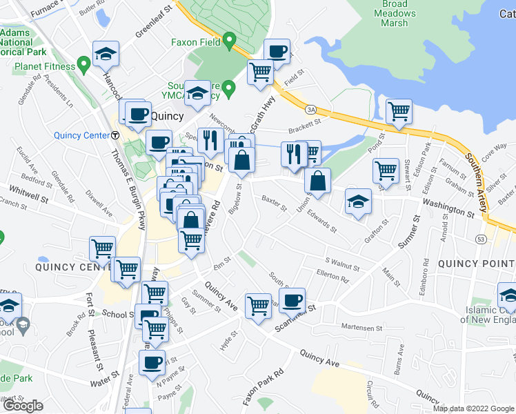 map of restaurants, bars, coffee shops, grocery stores, and more near 141 Elm Street in Quincy
