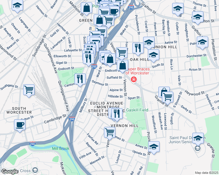 map of restaurants, bars, coffee shops, grocery stores, and more near 5 Sterling Street in Worcester