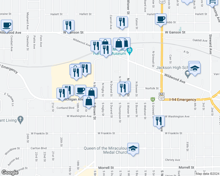 map of restaurants, bars, coffee shops, grocery stores, and more near 114 North Durand Street in Jackson
