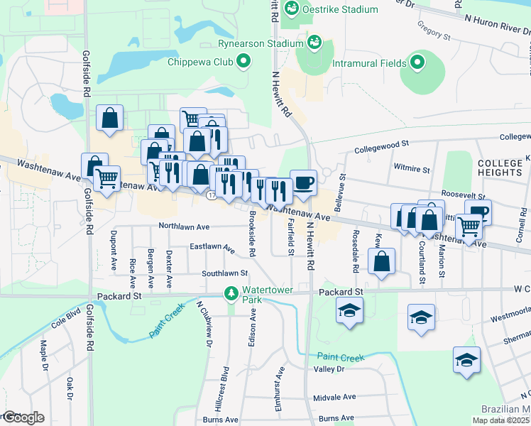 map of restaurants, bars, coffee shops, grocery stores, and more near 2407 Michigan 17 in Ypsilanti