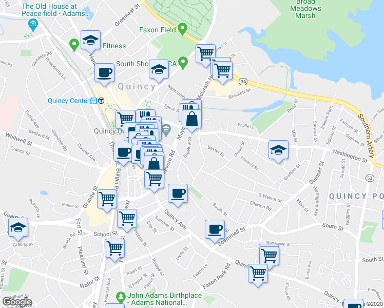 map of restaurants, bars, coffee shops, grocery stores, and more near 35 Bigelow Street in Quincy