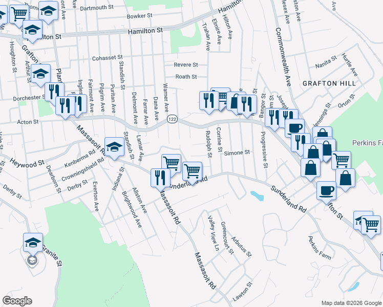 map of restaurants, bars, coffee shops, grocery stores, and more near 7 Maurice Street in Worcester