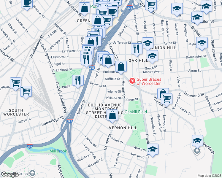 map of restaurants, bars, coffee shops, grocery stores, and more near 76 Seymour Street in Worcester