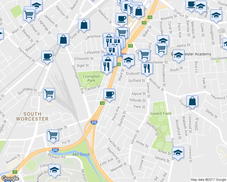 map of restaurants, bars, coffee shops, grocery stores, and more near 73 Ward Street in Worcester