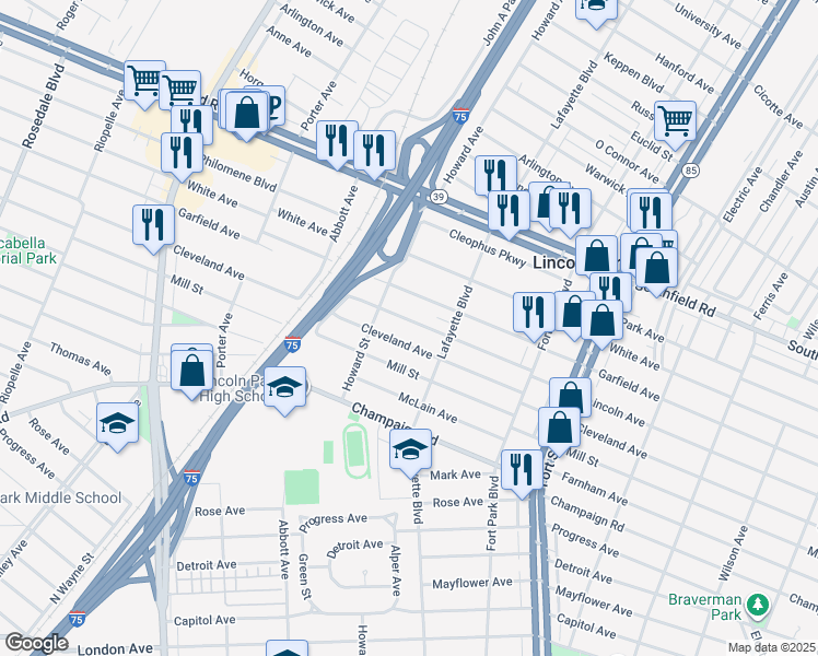 map of restaurants, bars, coffee shops, grocery stores, and more near 1566 Lincoln Avenue in Lincoln Park