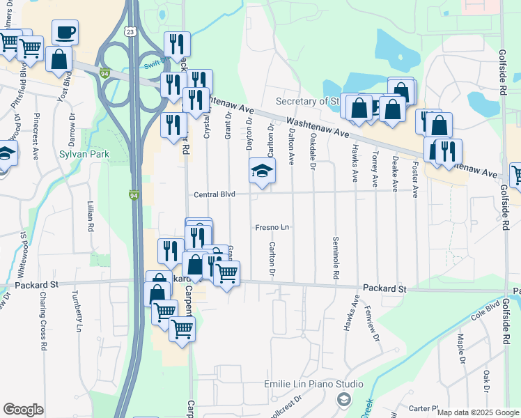 map of restaurants, bars, coffee shops, grocery stores, and more near 4250 Central Boulevard in Ann Arbor
