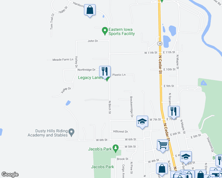 map of restaurants, bars, coffee shops, grocery stores, and more near 901 North Birch Street in Monticello