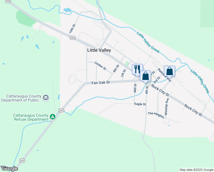 map of restaurants, bars, coffee shops, grocery stores, and more near 318 Fair Oak Street in Little Valley