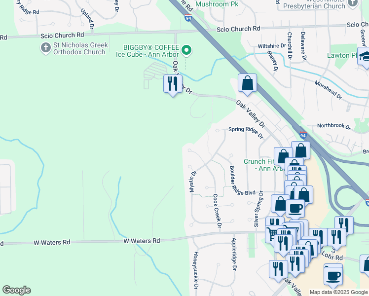 map of restaurants, bars, coffee shops, grocery stores, and more near 2567 Cook Creek Drive in Ann Arbor