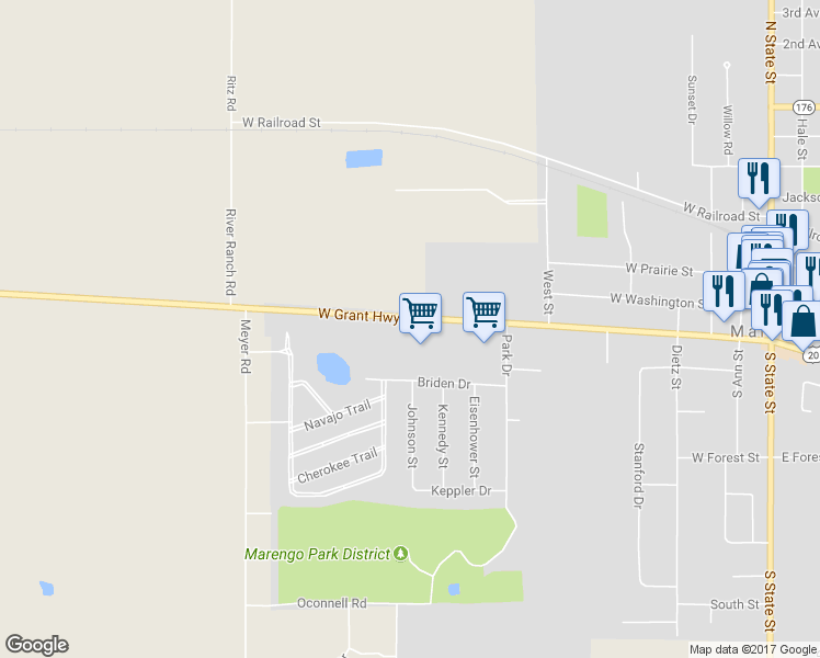 map of restaurants, bars, coffee shops, grocery stores, and more near 21801 West Grant Highway in Marengo