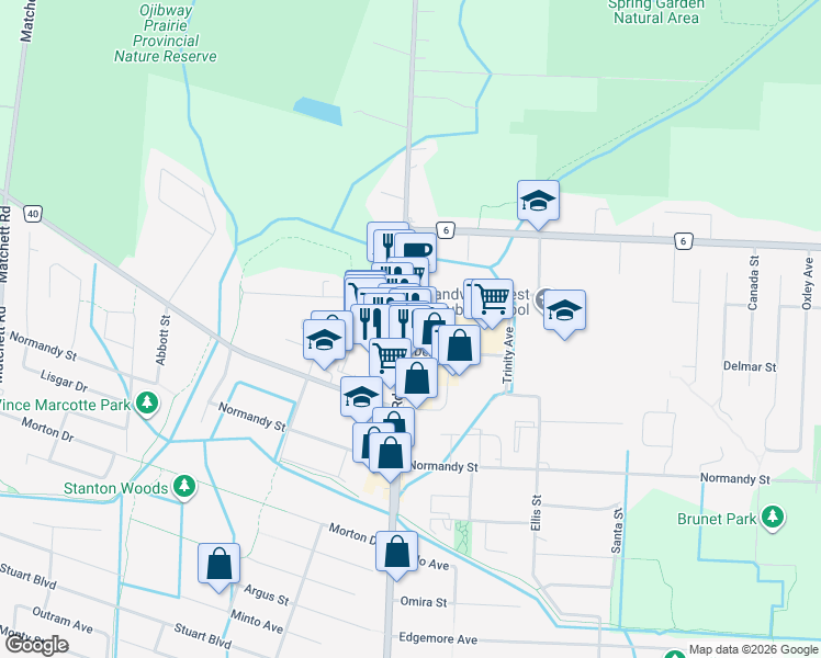 map of restaurants, bars, coffee shops, grocery stores, and more near 5834 Malden Road in Windsor