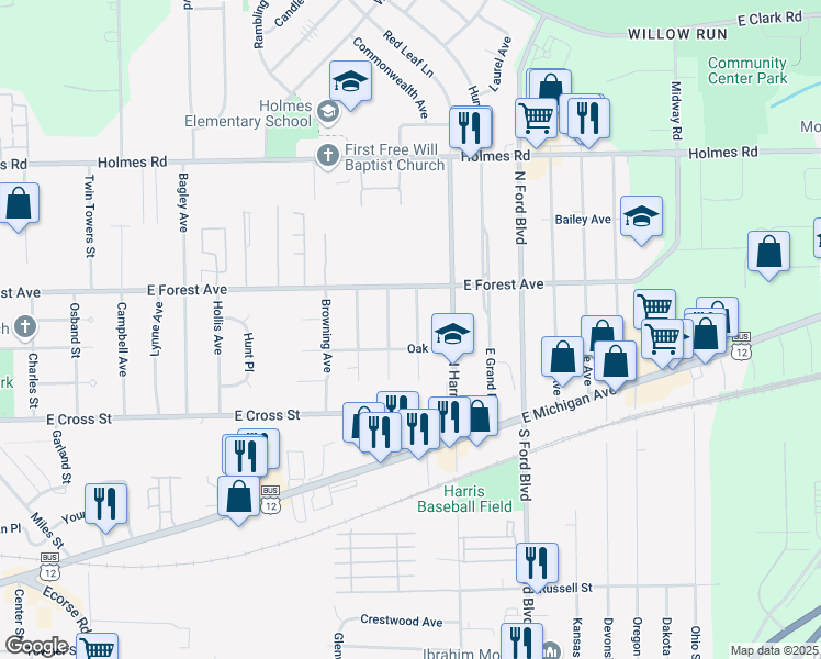 map of restaurants, bars, coffee shops, grocery stores, and more near 641 North Miami Avenue in Ypsilanti