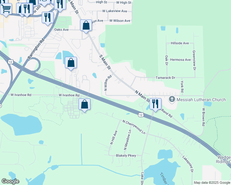 map of restaurants, bars, coffee shops, grocery stores, and more near 25624 West Ivanhoe Road in Wauconda