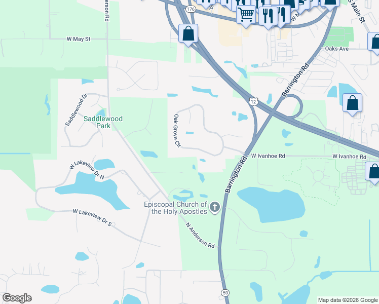 map of restaurants, bars, coffee shops, grocery stores, and more near 450 Oak Grove Circle in Wauconda