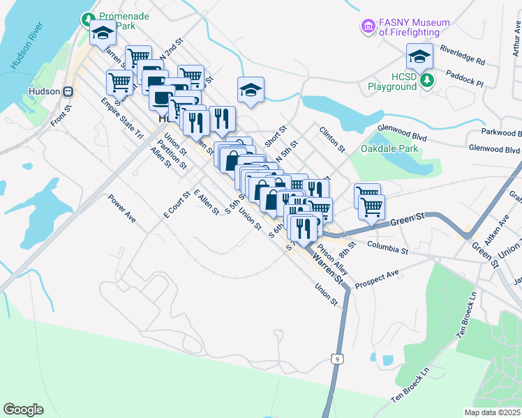 map of restaurants, bars, coffee shops, grocery stores, and more near 529 Warren Street in Hudson