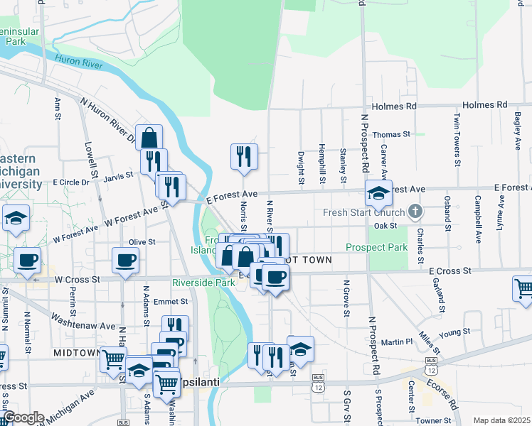 map of restaurants, bars, coffee shops, grocery stores, and more near 619 North River Street in Ypsilanti