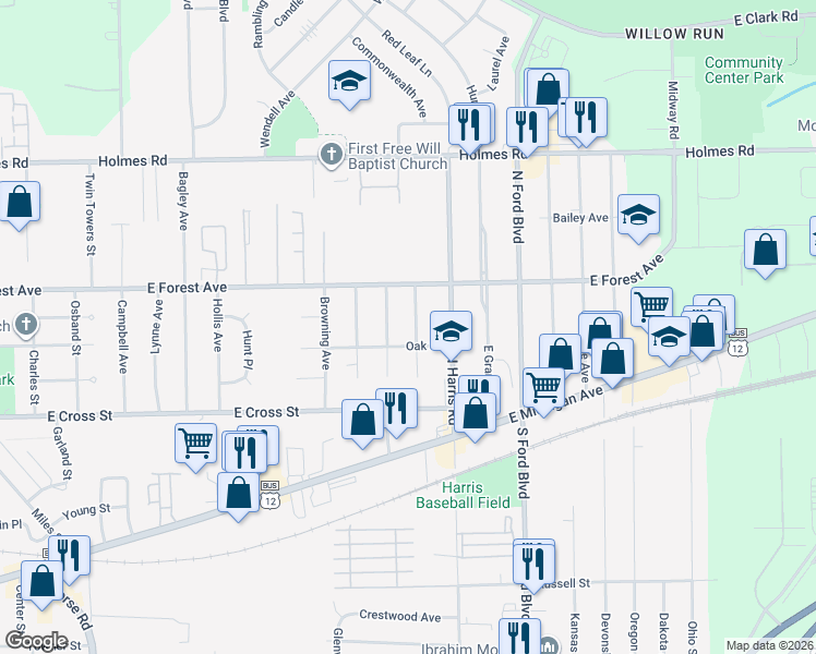 map of restaurants, bars, coffee shops, grocery stores, and more near 660 North Miami Avenue in Ypsilanti