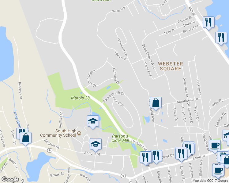 map of restaurants, bars, coffee shops, grocery stores, and more near 16 Parsons Hill Drive in Worcester