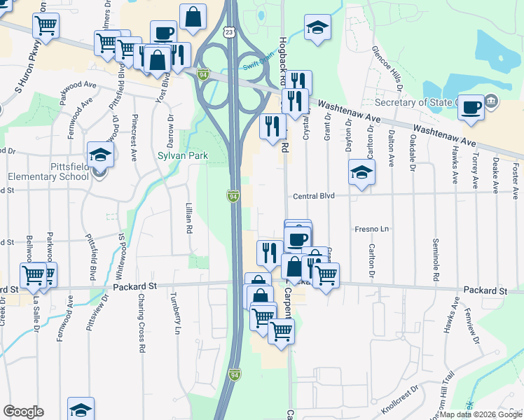 map of restaurants, bars, coffee shops, grocery stores, and more near 3811 Sparrow Wood Drive in Ann Arbor