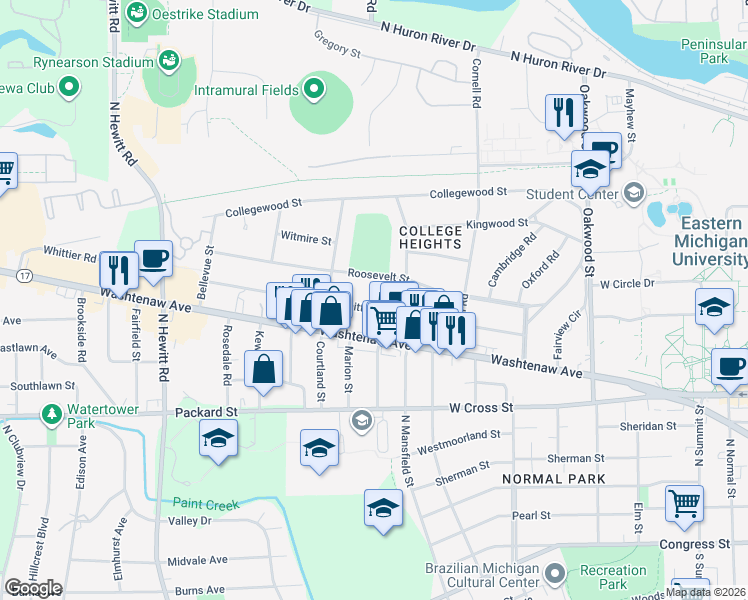 map of restaurants, bars, coffee shops, grocery stores, and more near 1620 Whittier Road in Ypsilanti