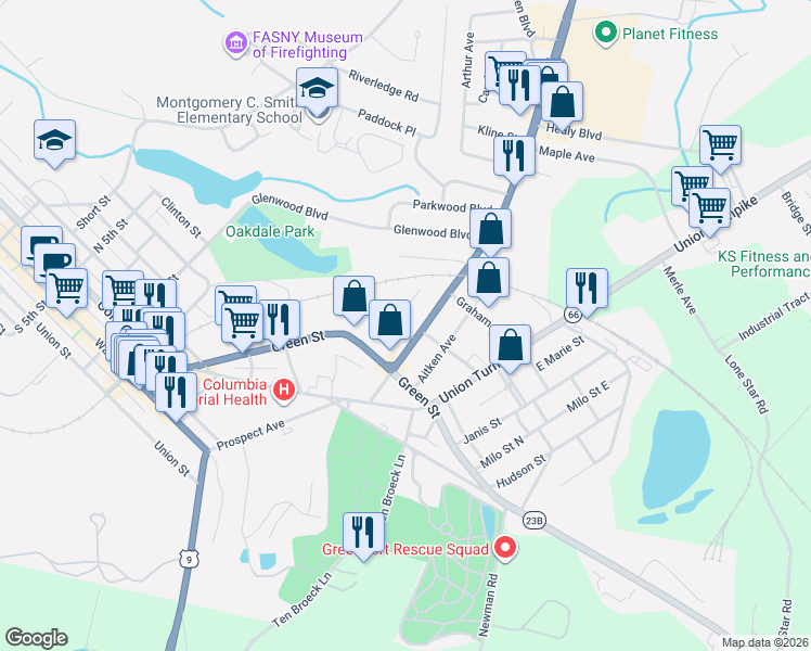 map of restaurants, bars, coffee shops, grocery stores, and more near 148 Green Street in Hudson