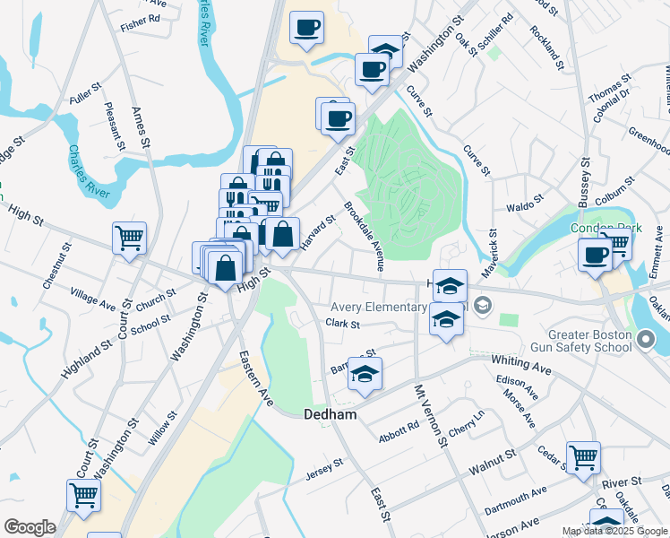 map of restaurants, bars, coffee shops, grocery stores, and more near 449 High Street in Dedham