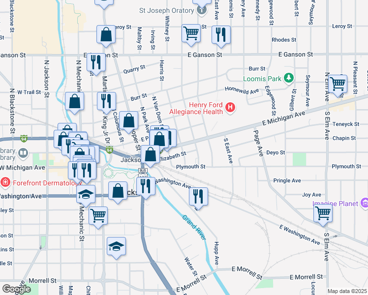 map of restaurants, bars, coffee shops, grocery stores, and more near 801 East Michigan Avenue in Jackson