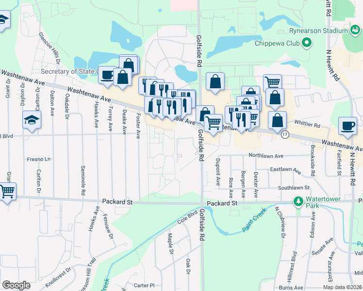 map of restaurants, bars, coffee shops, grocery stores, and more near 2726 Golfside Road in Ann Arbor