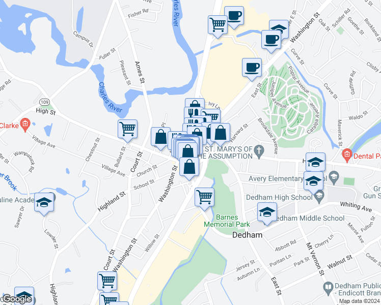 map of restaurants, bars, coffee shops, grocery stores, and more near 350 Washington Street in Dedham