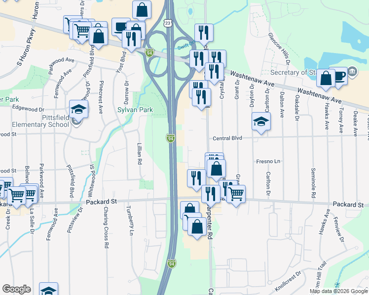 map of restaurants, bars, coffee shops, grocery stores, and more near 3811 Sparrow Wood Drive in Ann Arbor