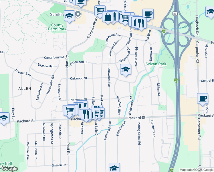 map of restaurants, bars, coffee shops, grocery stores, and more near 2652 Fernwood Avenue in Ann Arbor