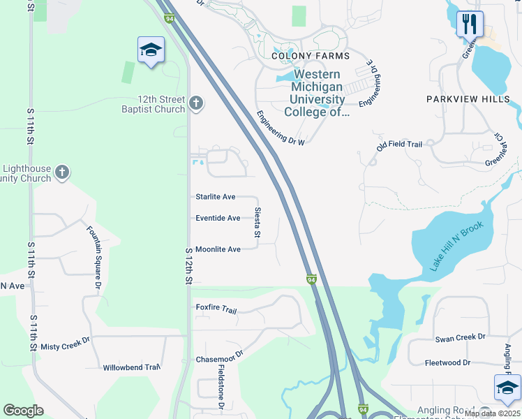map of restaurants, bars, coffee shops, grocery stores, and more near 4203 Siesta Street in Kalamazoo