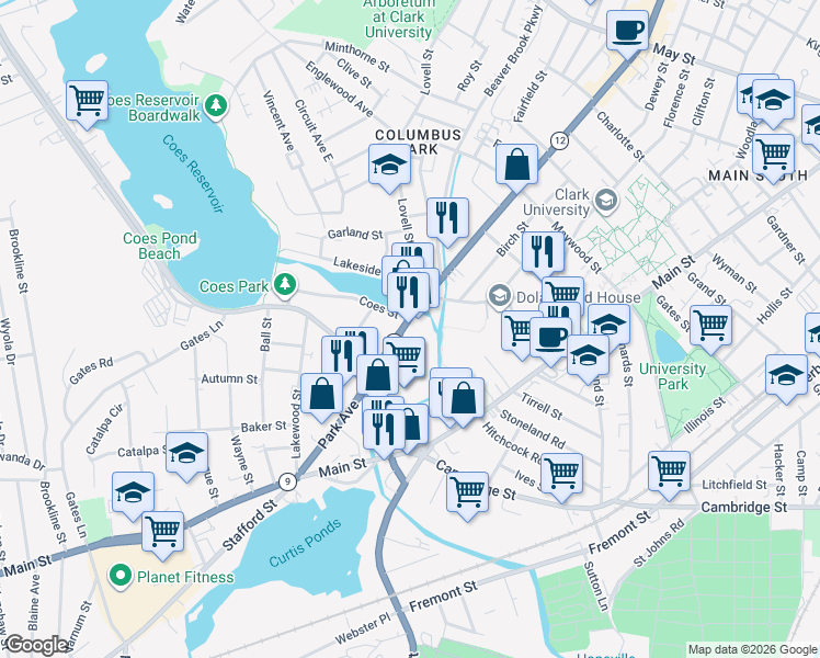 map of restaurants, bars, coffee shops, grocery stores, and more near 591 Park Avenue in Worcester