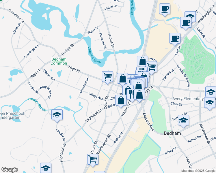 map of restaurants, bars, coffee shops, grocery stores, and more near 660 High Street in Dedham