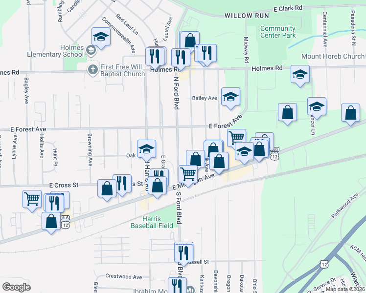 map of restaurants, bars, coffee shops, grocery stores, and more near 148 North Ford Boulevard in Ypsilanti