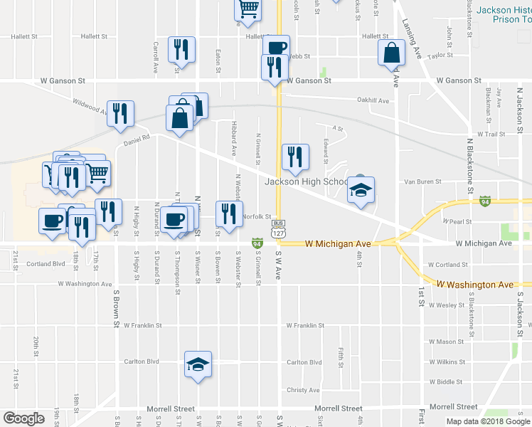 map of restaurants, bars, coffee shops, grocery stores, and more near 201 North Grinnell Street in Jackson