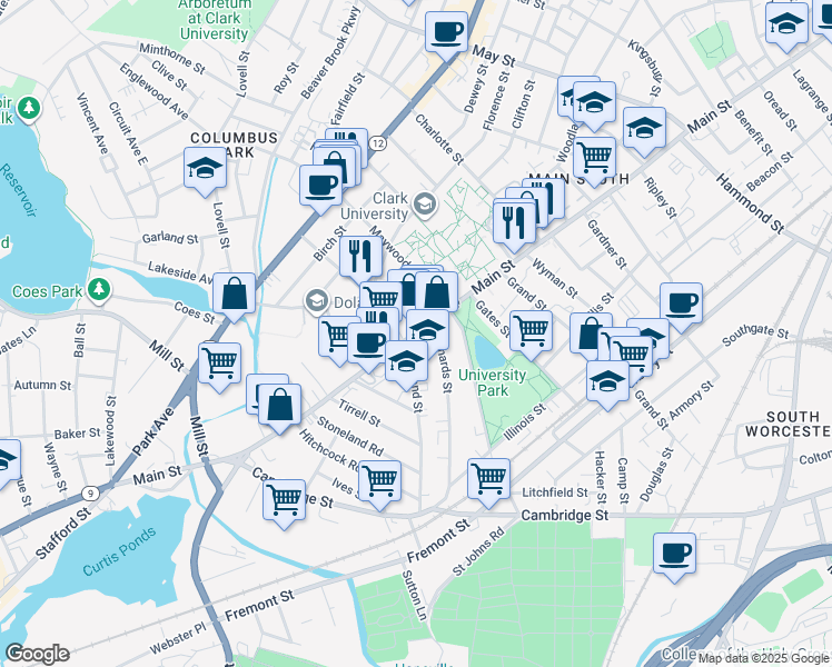 map of restaurants, bars, coffee shops, grocery stores, and more near 982 Main Street in Worcester