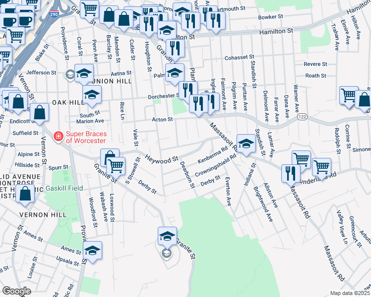 map of restaurants, bars, coffee shops, grocery stores, and more near 40 Park Terrace Road in Worcester