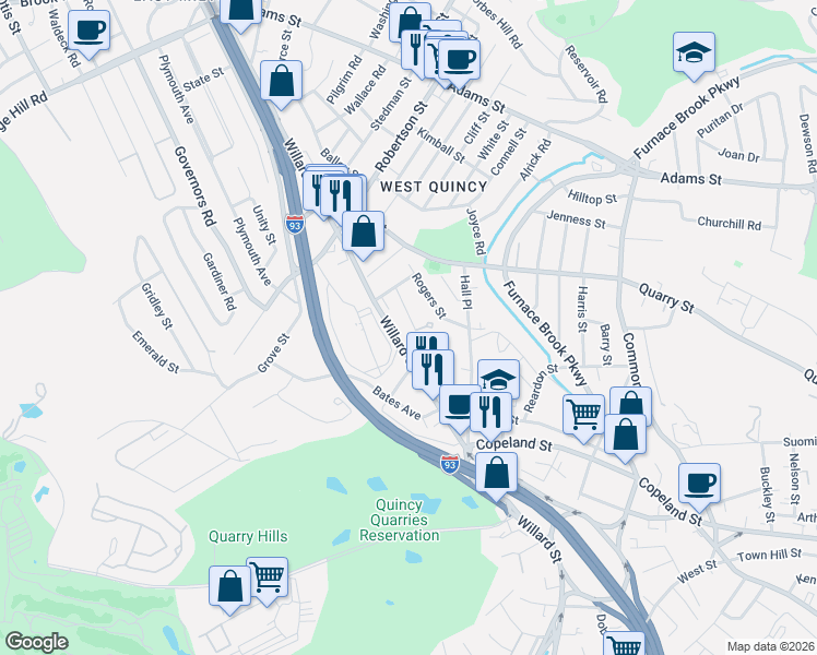 map of restaurants, bars, coffee shops, grocery stores, and more near 35 Perkins Street in Quincy