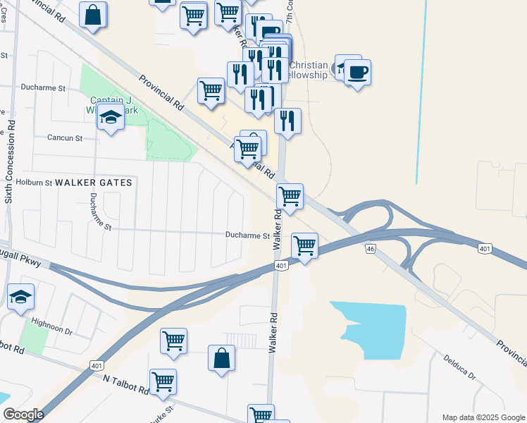 map of restaurants, bars, coffee shops, grocery stores, and more near 4755 Walker Road in Windsor